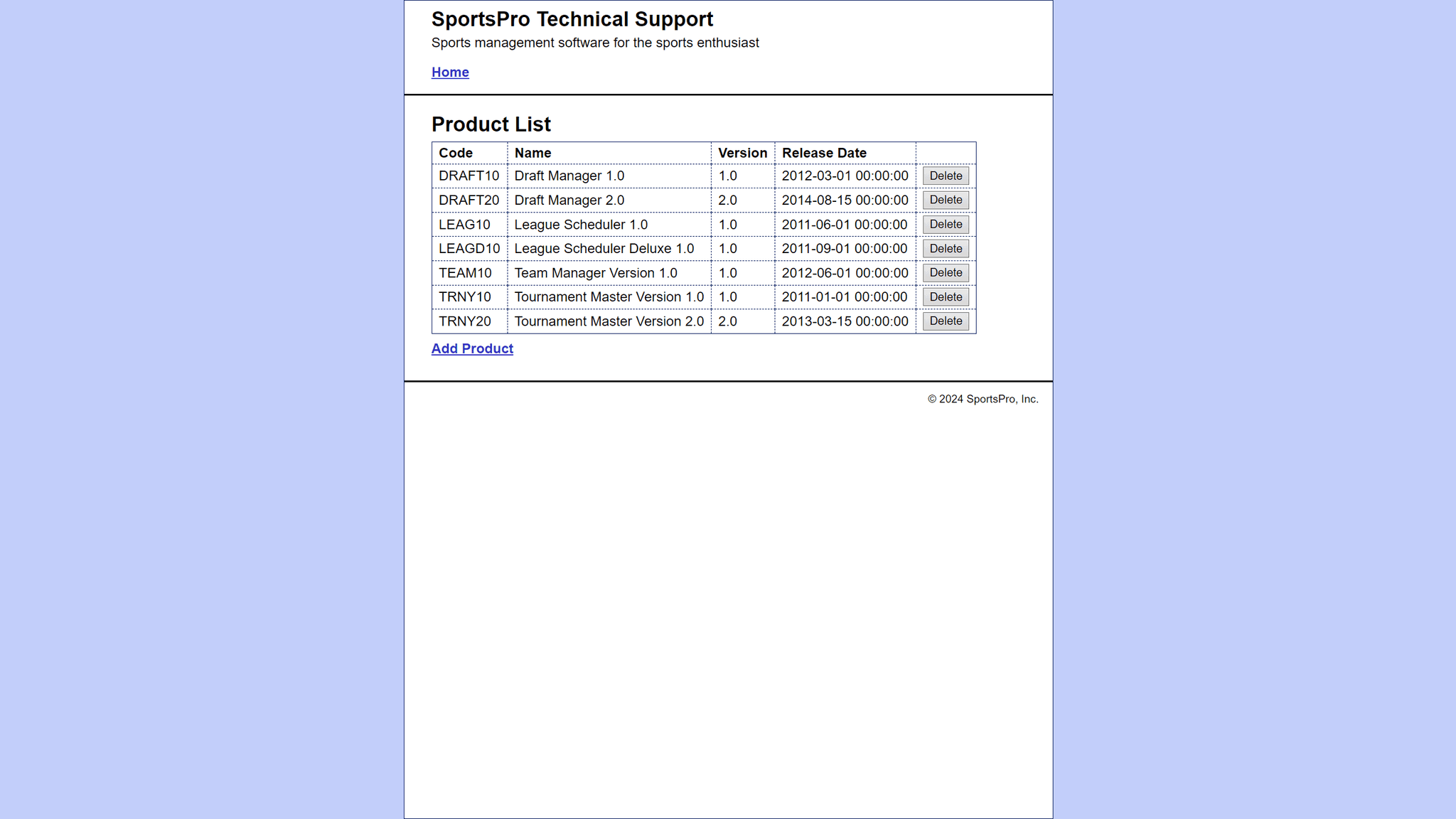 Sports Pro Product List Screen