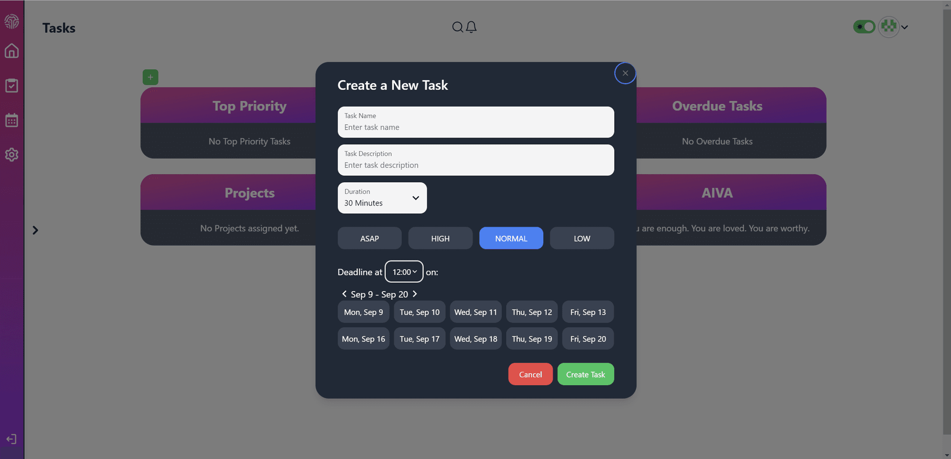 Default Task Creation Modal