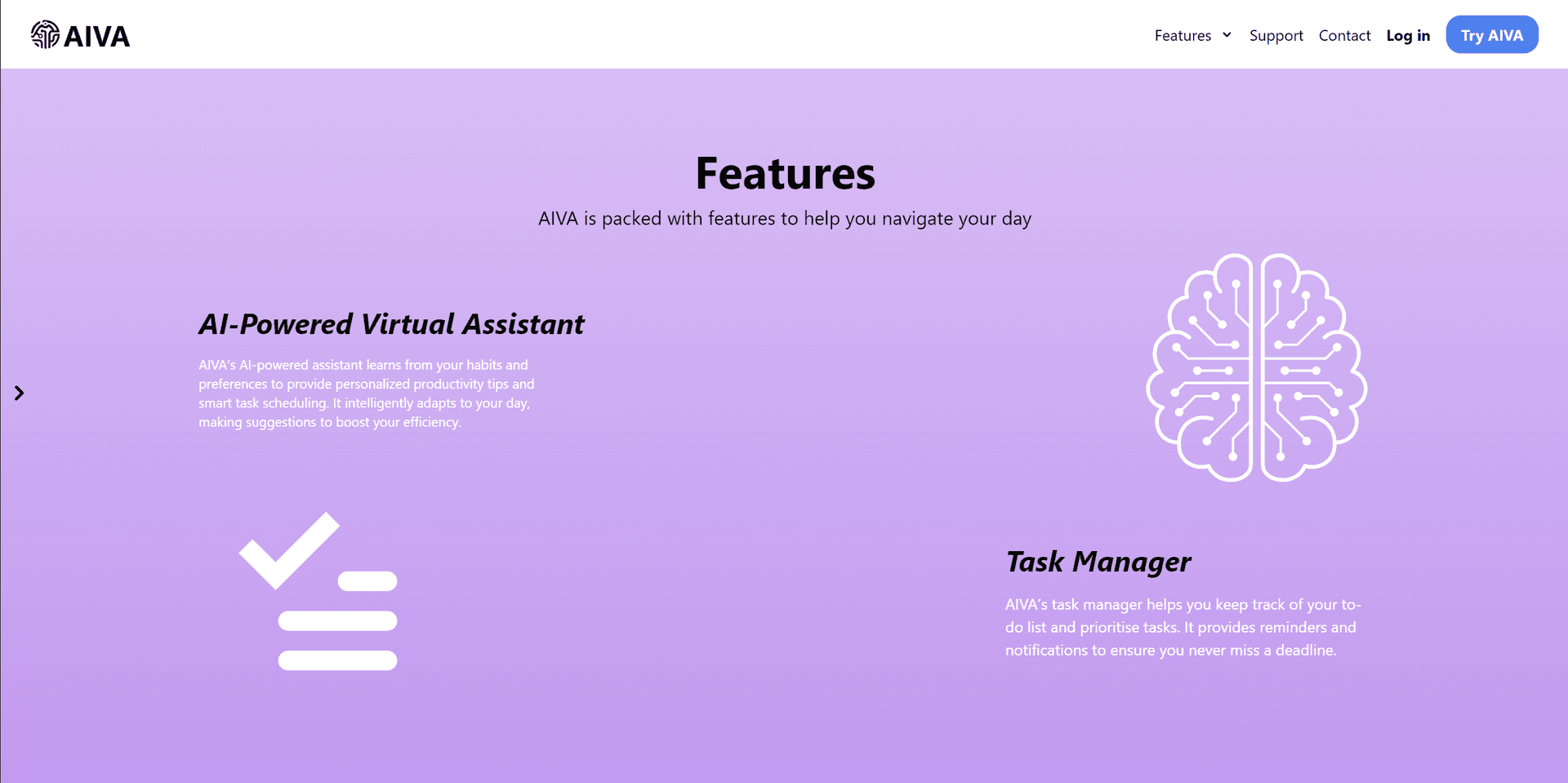 AIVA Home Screen Features